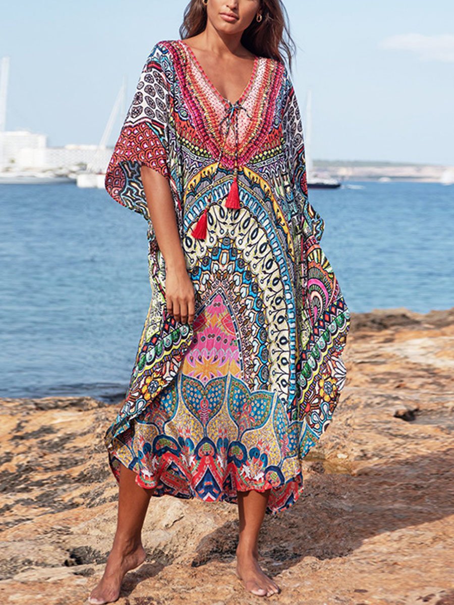 Women's Maxi Dresses Drawstring Shift Tribal Half Sleeve V Neck Boho Beach Maxi Dress
