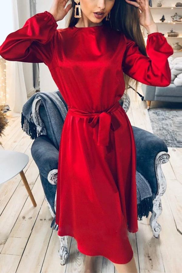 Solid Color Satin Small Lantern Sleeves Waist Slimming Midi Dress