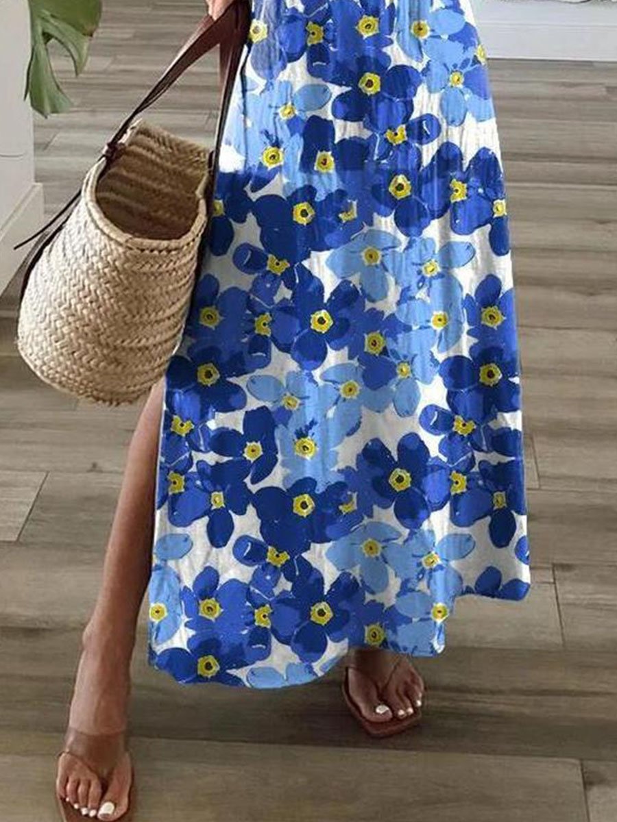 Stylish V-Neck Short Sleeve Printed Side Slit Maxi Dress