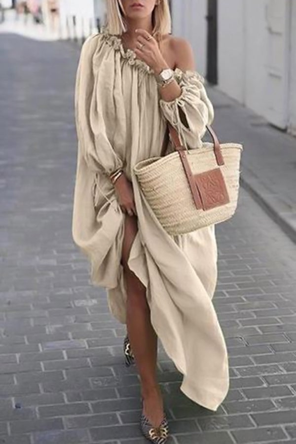 Solid Color Slanted Shoulder Off-the-shoulder Loose Dress