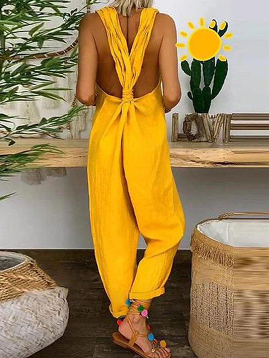 Solid Cross-back Cotton Linen Loose Jumpsuit