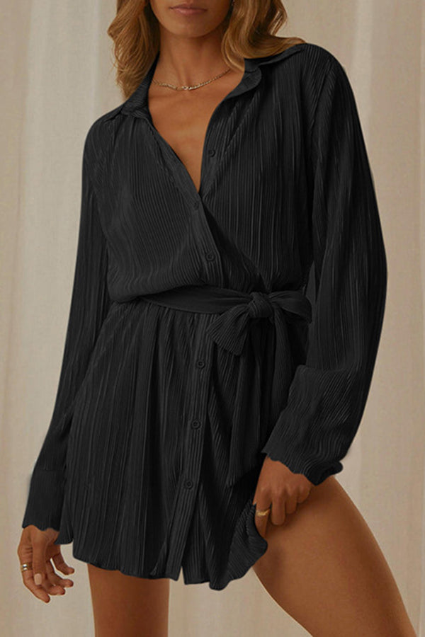 Crinkled Single-Breasted Mini Shirt Dress