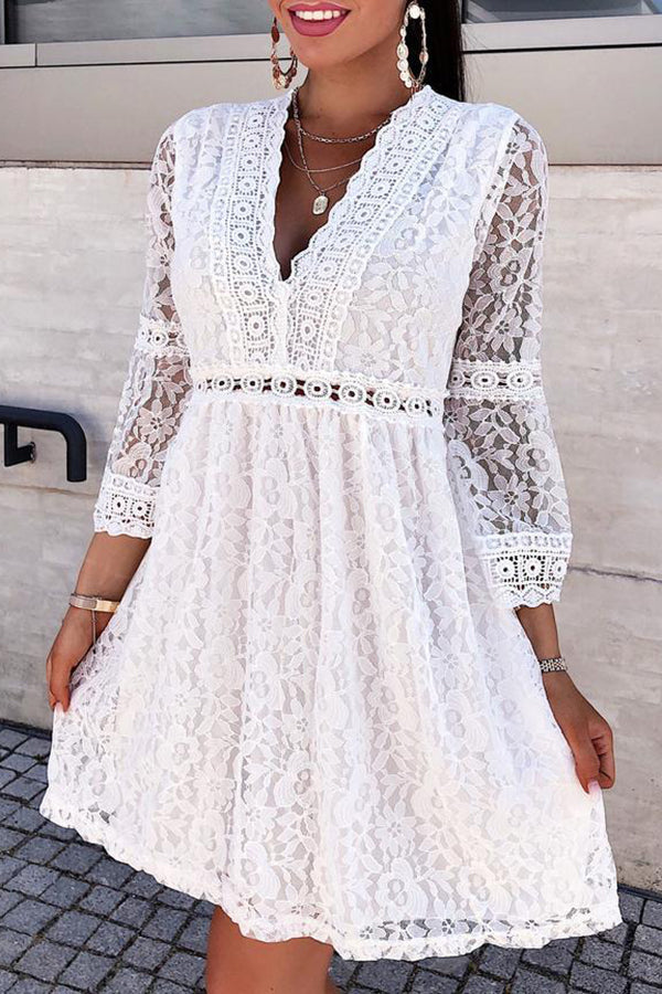 New Lace Stitching Lace Flare 3 / 4 Sleeve Loose Dress