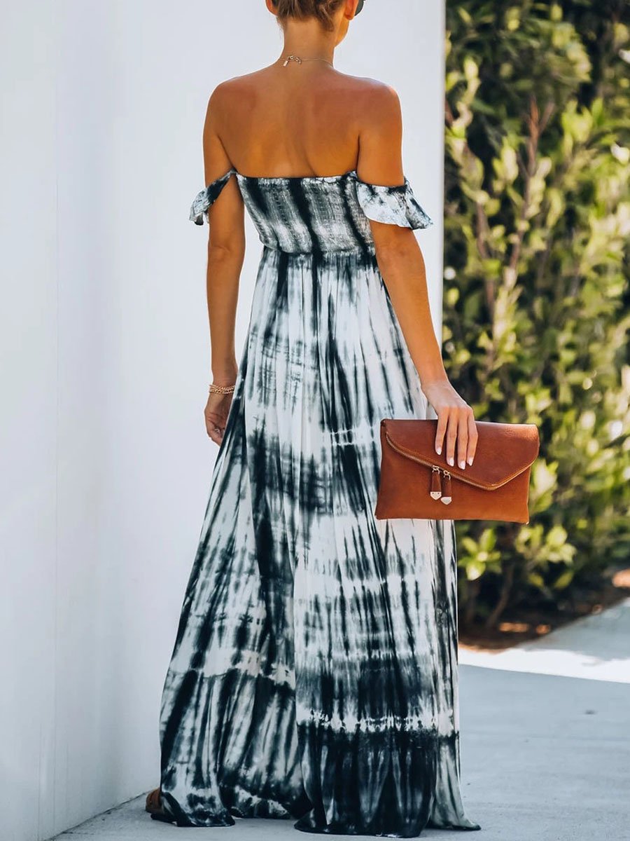 Women's Maxi Dresses Multicolor Short Sleeve Off Shoulder Vacation Boho Split Maxi Dress