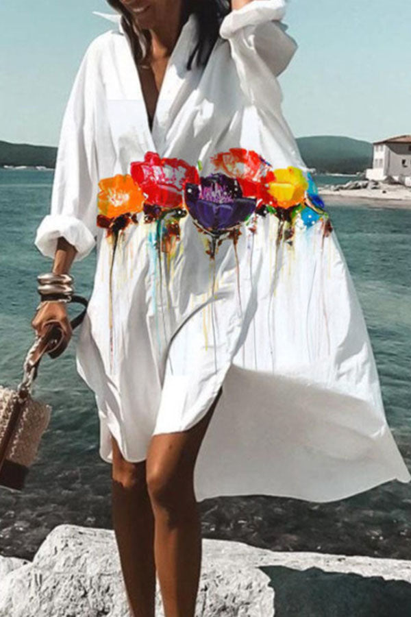 Casual Floral Long V-neck Shift Dress