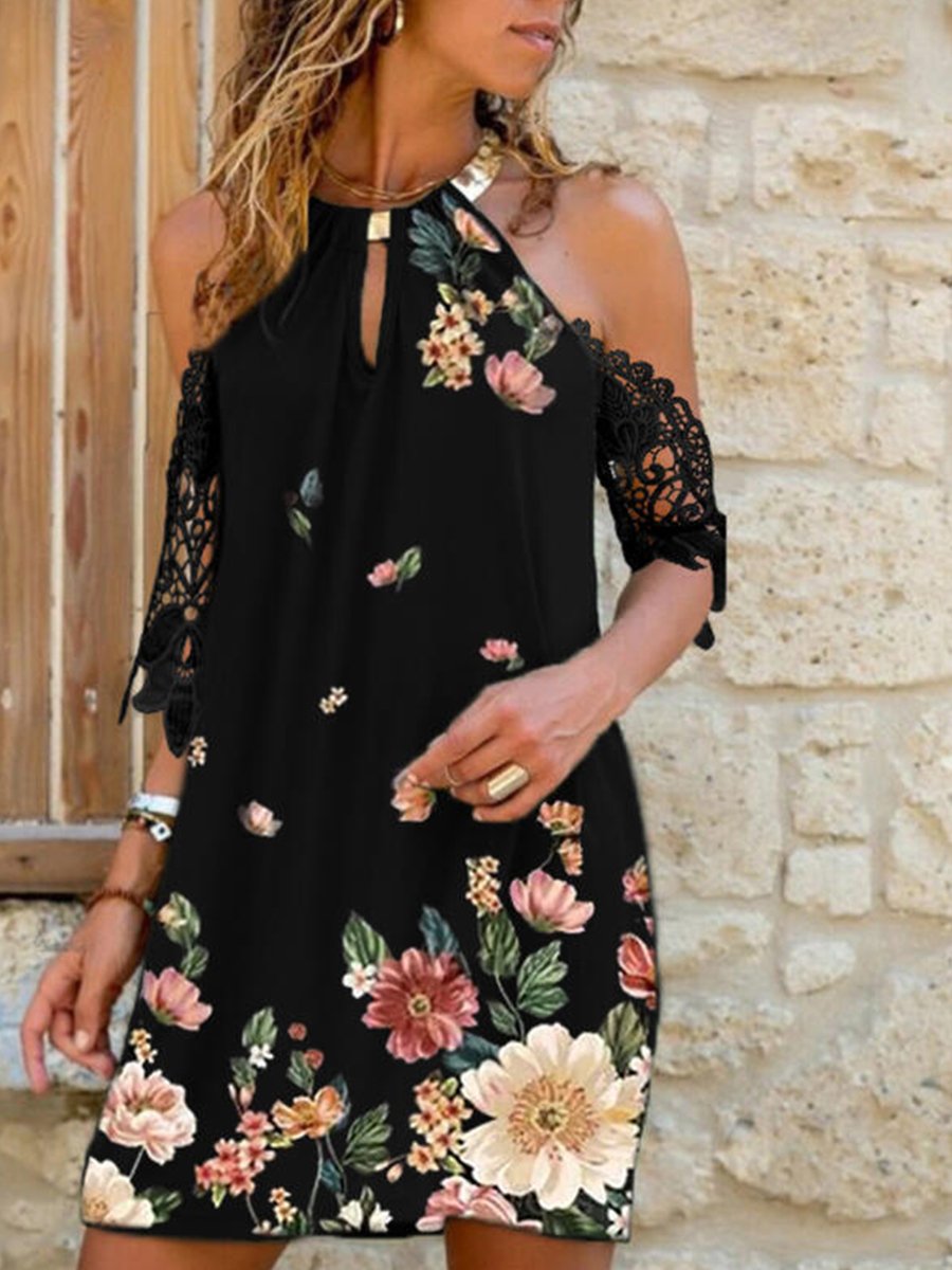Halter Neck Print Half-sleeve Cold-shouder Mini Dress