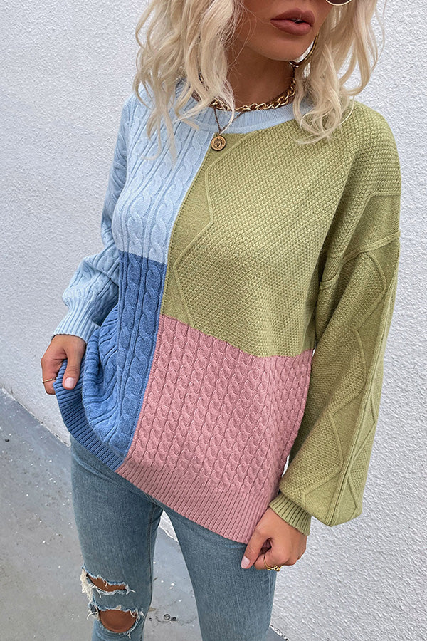 Square Stitching Contrast Color Twist Lantern Sleeve Sweater