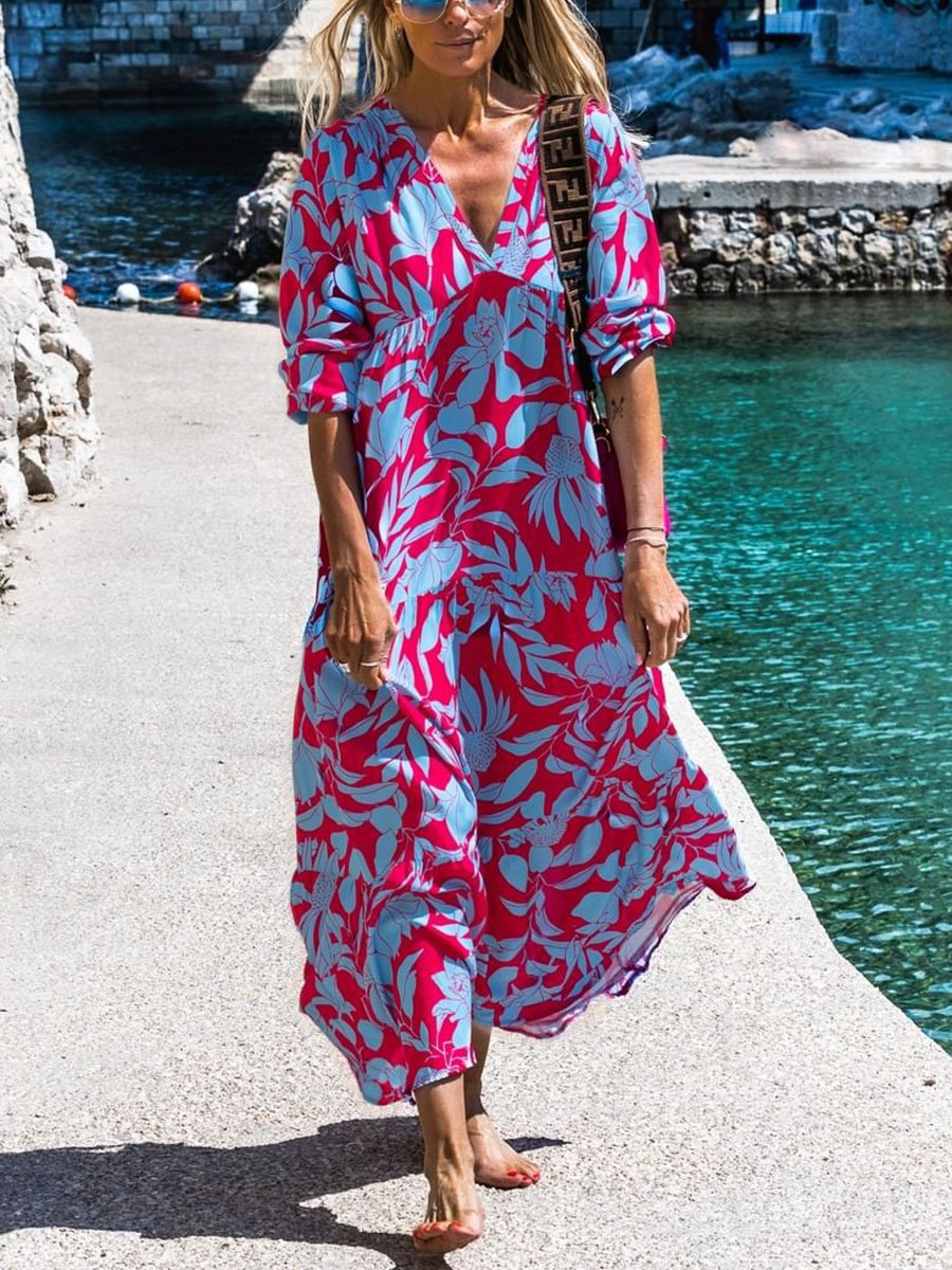 Red Blue Print Casual Long Dress