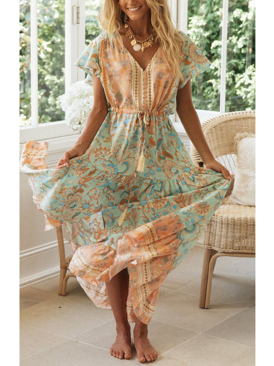 Women's Maxi Dresses Floral Short Sleeve A-line V Neck Button Belt Boho Daily Maxi Dress