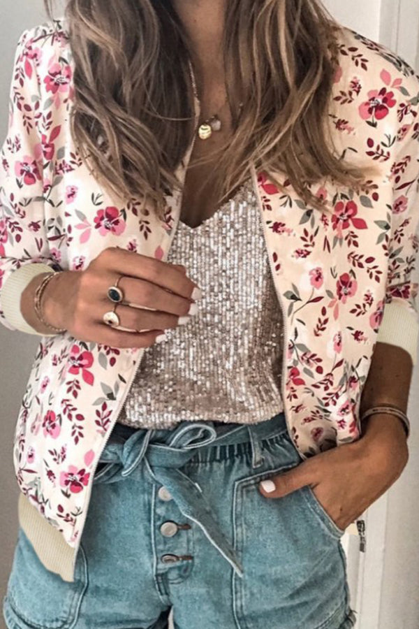Round Neck Zipper Long Sleeve Printed Jacket