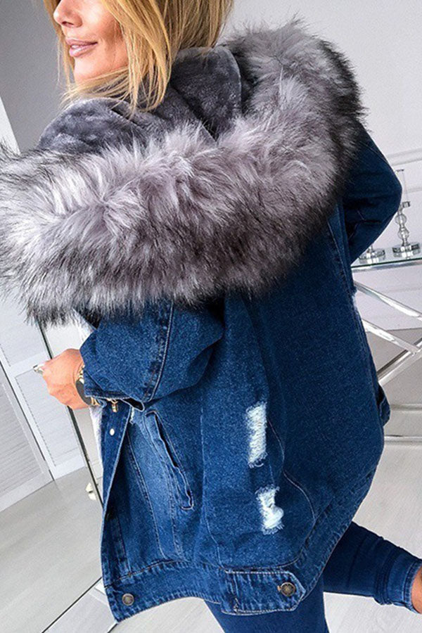 Big Fur Collar Distressed Denim Jacket