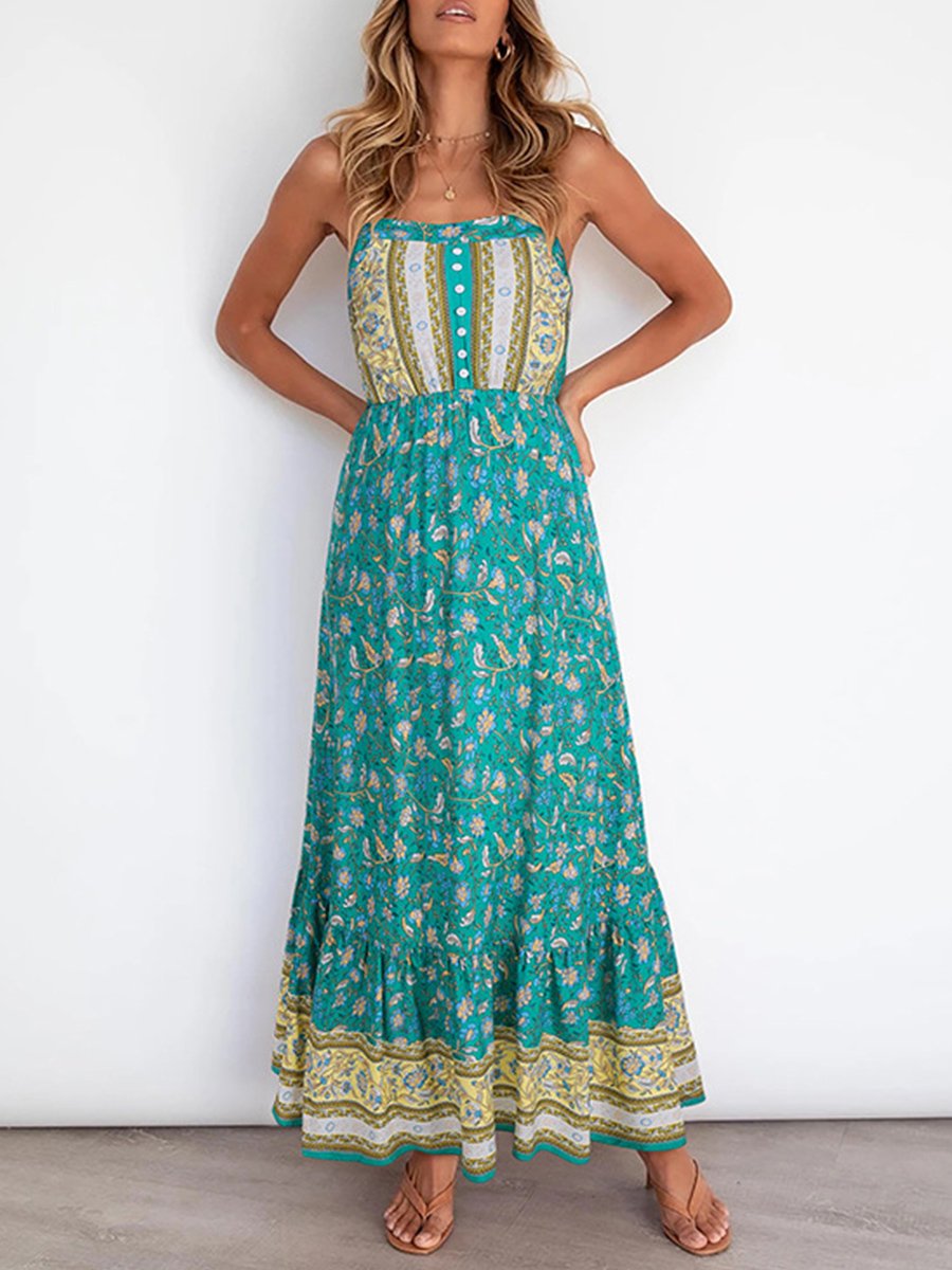 Straps U-neck Floral Print Maxi Dress