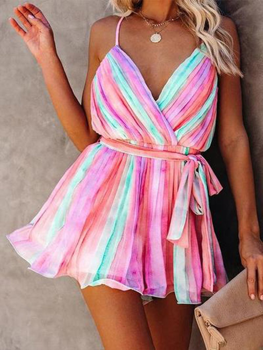 Chic Rainbow Tie-Dye Print Striped Mini Dress