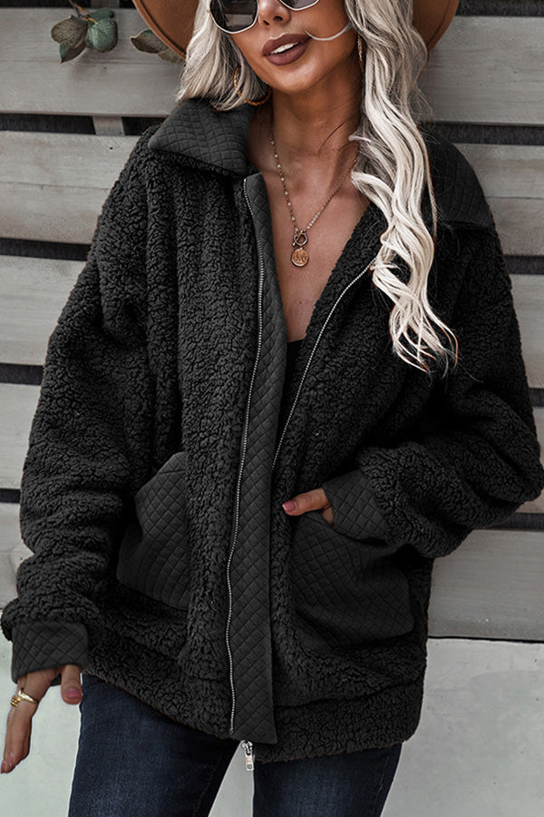 Long Sleeve Pocket Detail Zip Up Teddy Coat