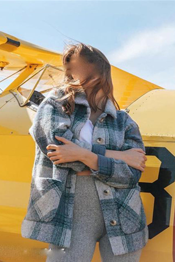 Turn Down Collar Plaid Print Long-sleeve Overcoat