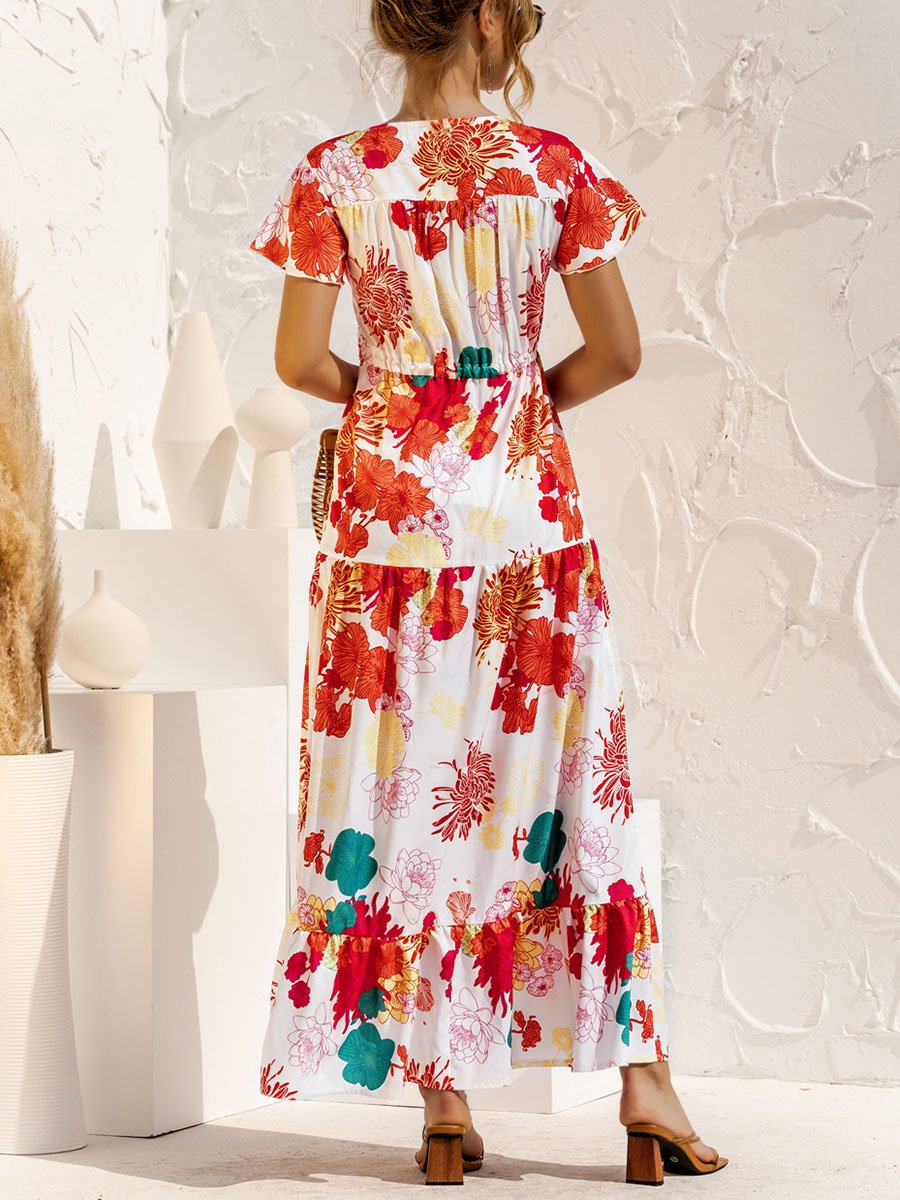 V-neck Floral Print Maxi Dress