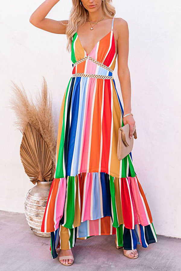 Rainbow Stripe Print Lace Stitching Deep V Strap Long Dress