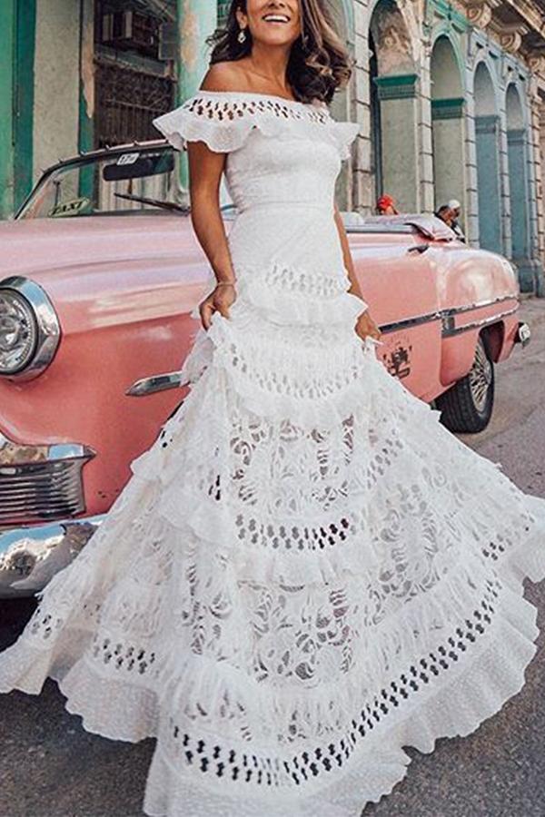 Black Patchwork Lace Cut Out Trendy Boat Neck Elegant Maxi Dress