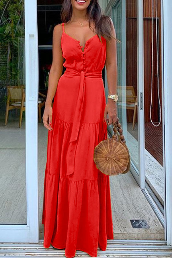 Sexy V-neck Stitching Suspender Dress with Personalized Buttons