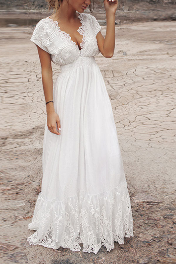 Women's V Neck Dress Lace Long Dress