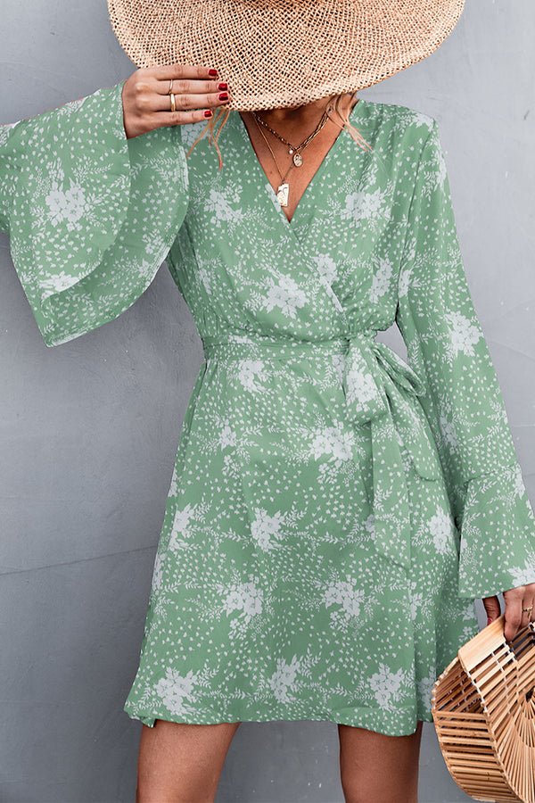 V-Neck Cross Flare Sleeves Printed Lace-Up Mini Dress
