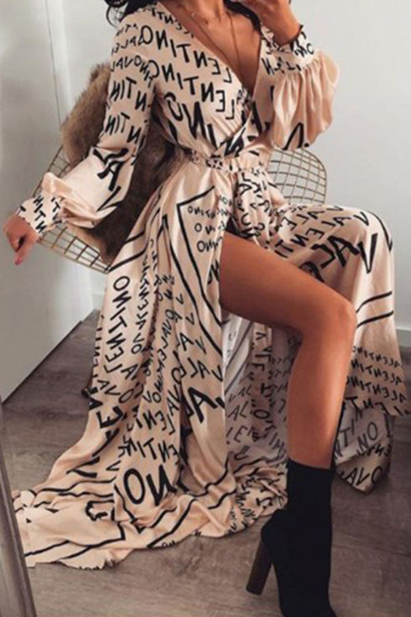 Sexy Printed Waist Fashion Slit Dress
