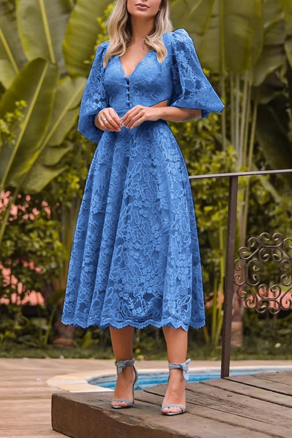 Solid Color Mid-sleeve Elegant Lace Midi Dress