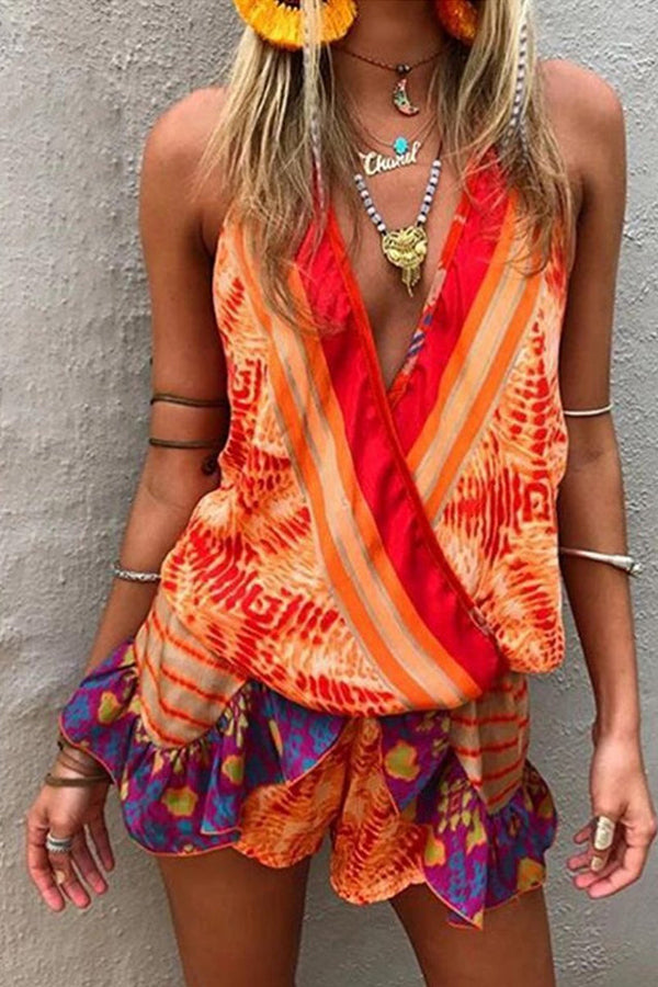 V-neck Sleeveless Boho Print Ruffle Romper