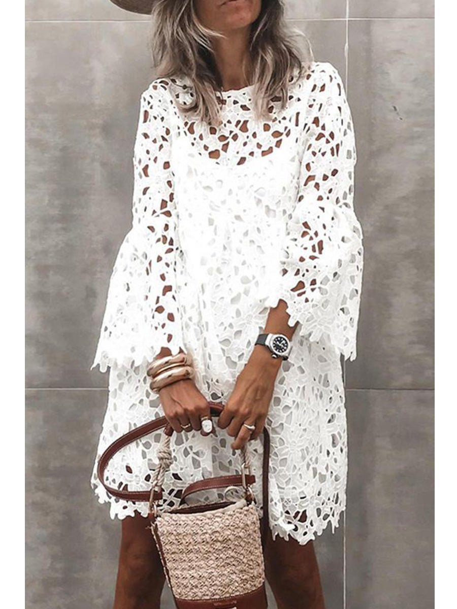 Casual Round Neck Flared Long Sleeve Lace Dress