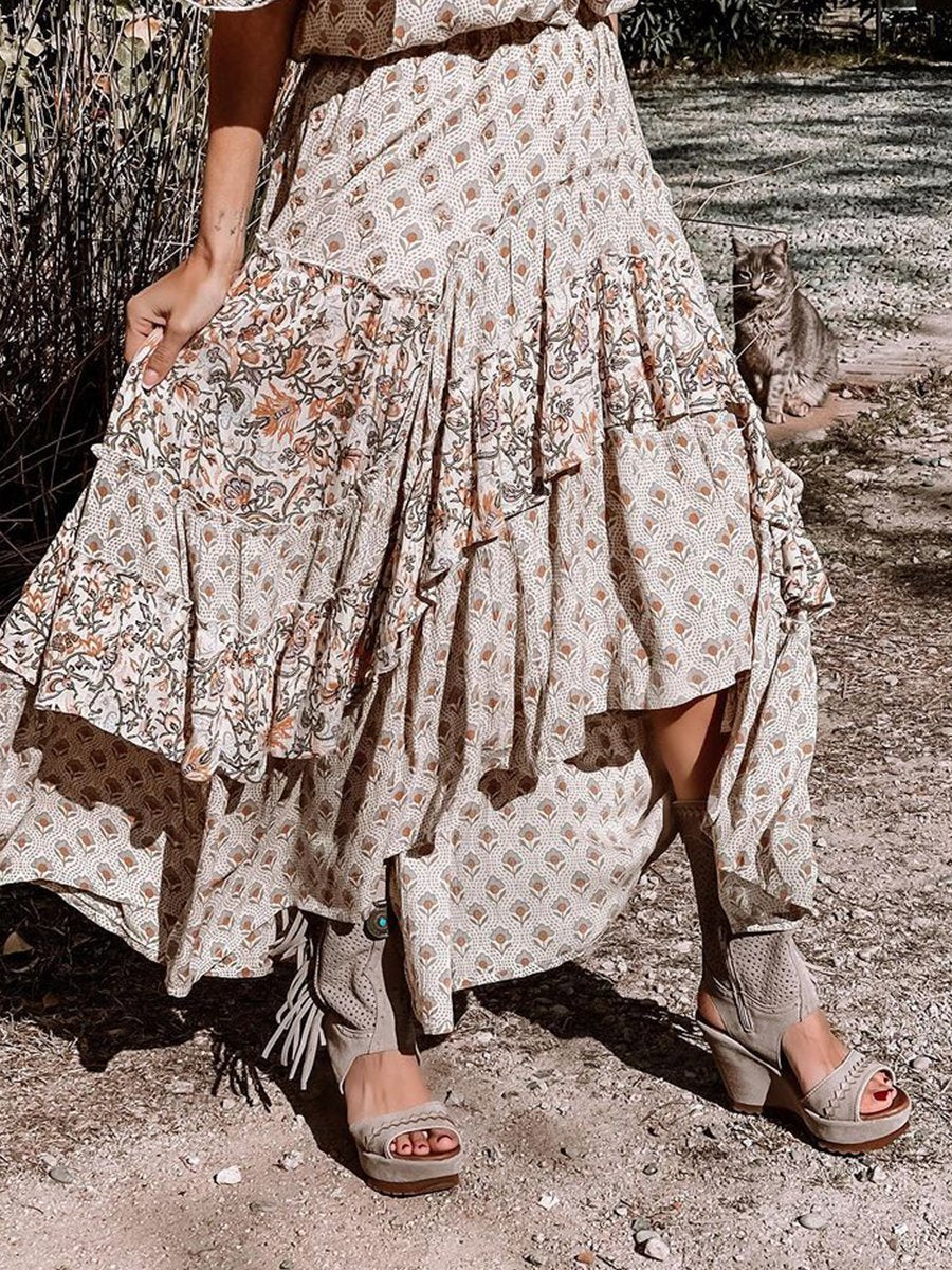 Off-the-shoulder Ruffle Smocked Print Maxi Dress