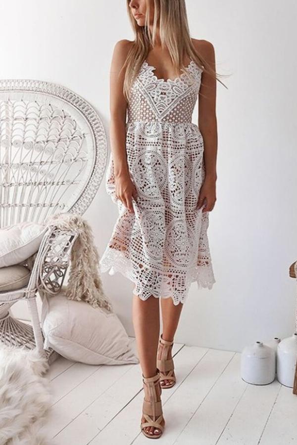 Fashion V-Neck Solid Color Lace Mini Dress