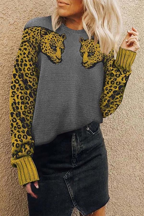 Long Sleeve Animal Print Round Neck Sweater