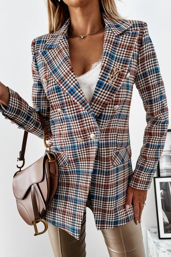 Casual Plaid Wide Collar Button Blazer