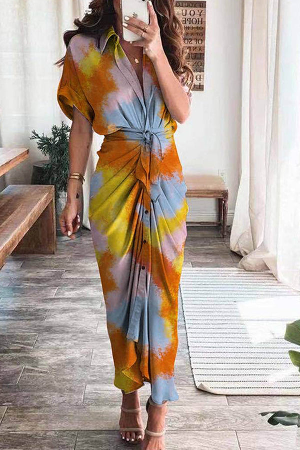 Print Satin Pleated Classy Bandage Shirt Dress