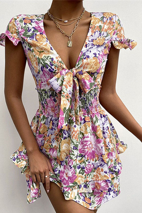 V-neck Knot Front Print Smocked Mini Dress