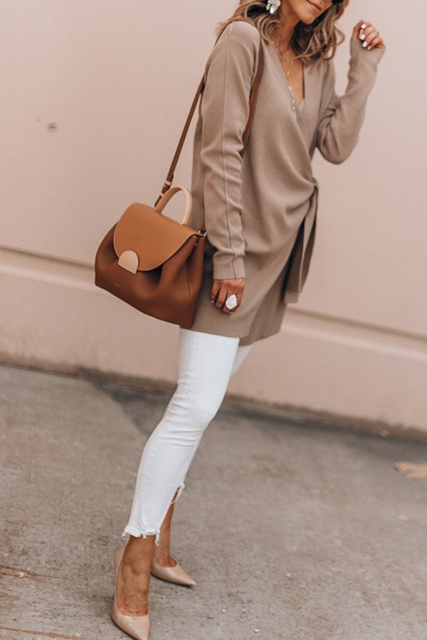 Solid Color V-neck Belted Mid-length Casual Cardigan