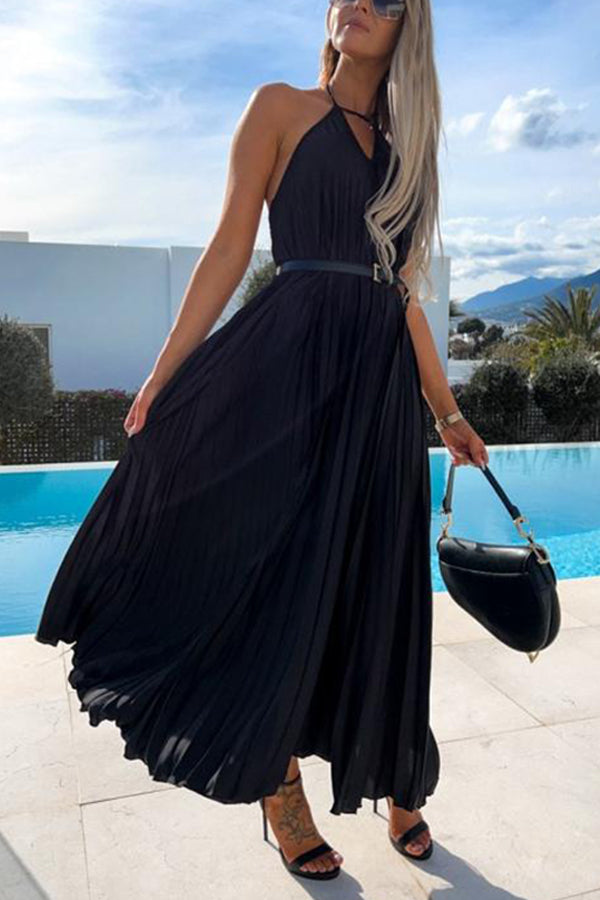 New Pleated Suspender Sweet Waist Closing Bohemian Long Dress