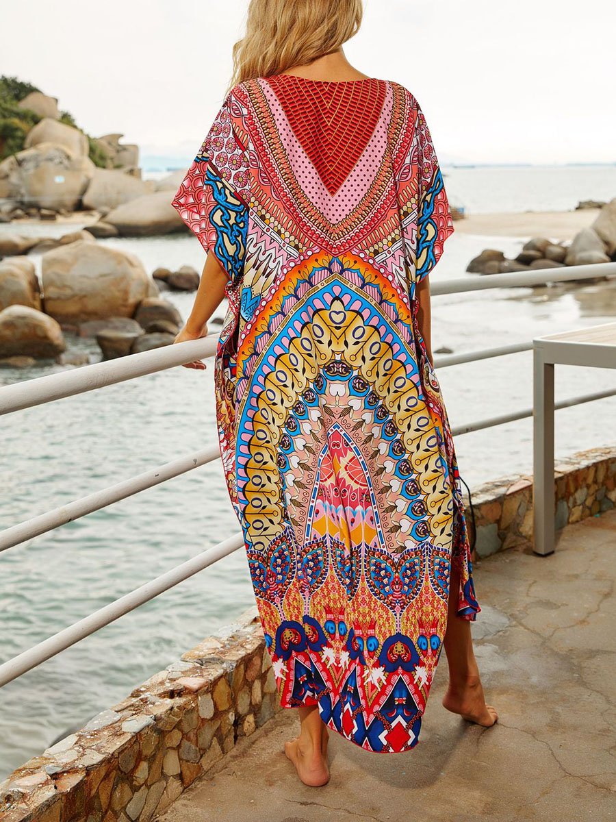 Women's Maxi Dresses Drawstring Shift Tribal Half Sleeve V Neck Boho Beach Maxi Dress