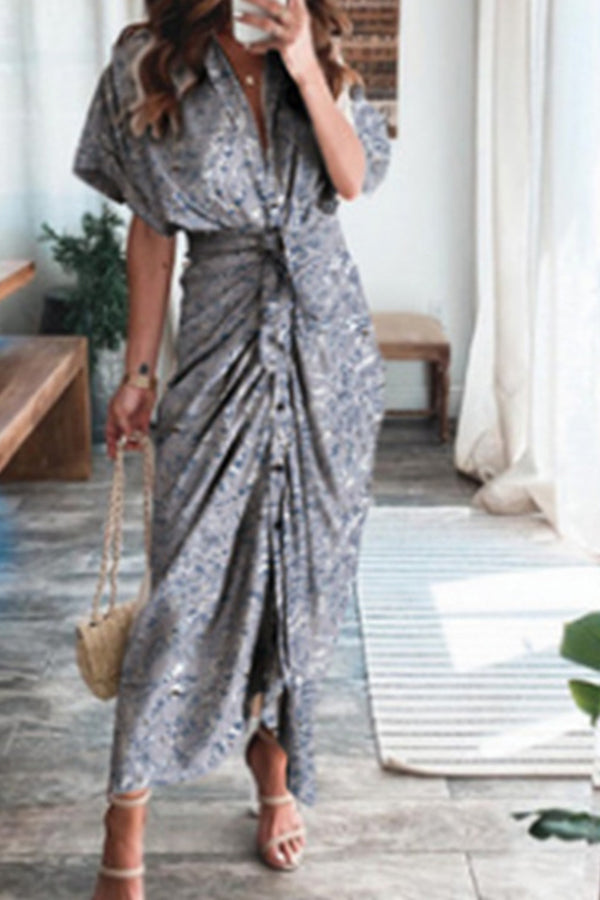 Short Sleeve Elegant Commuter High Waist Printed Long Dress