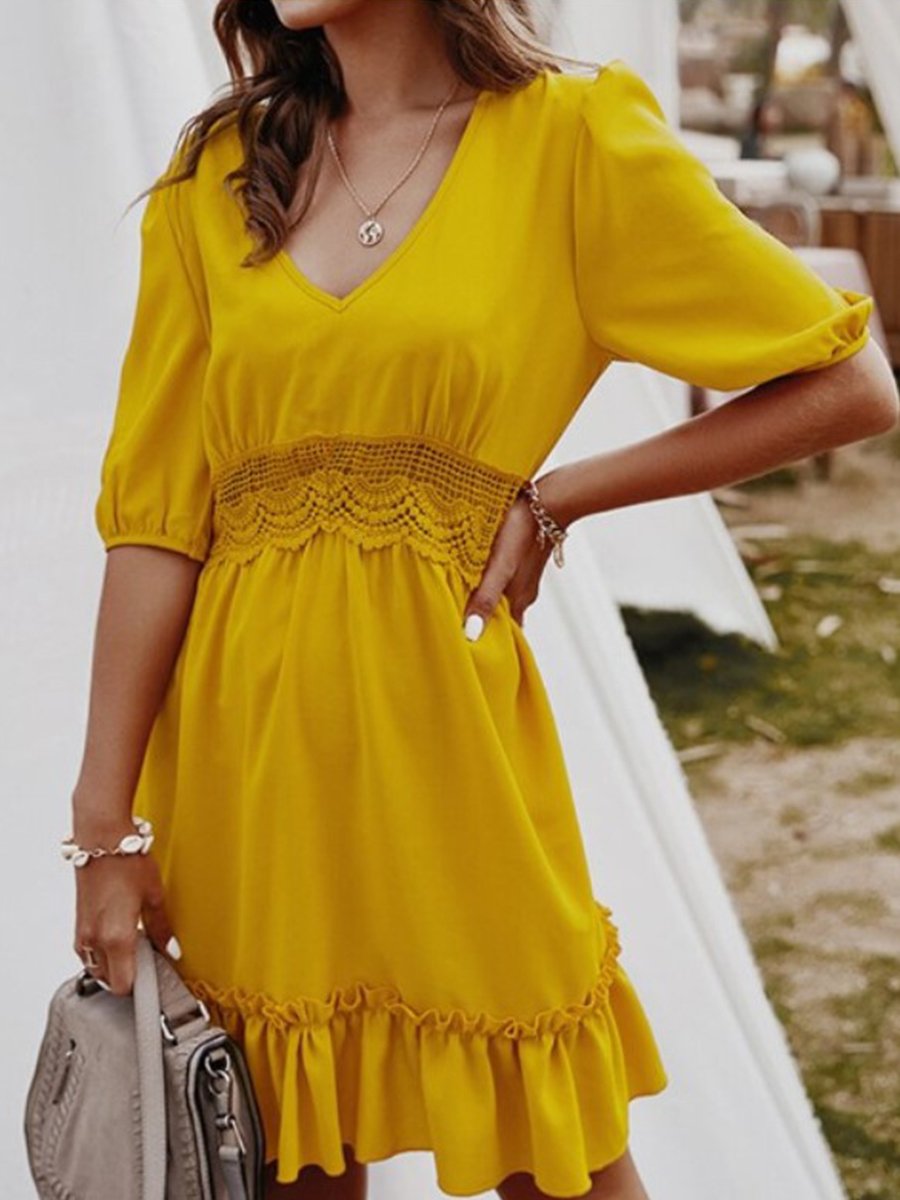 Fashion Street Solid Split Joint V Neck Short Sleeve Dresses