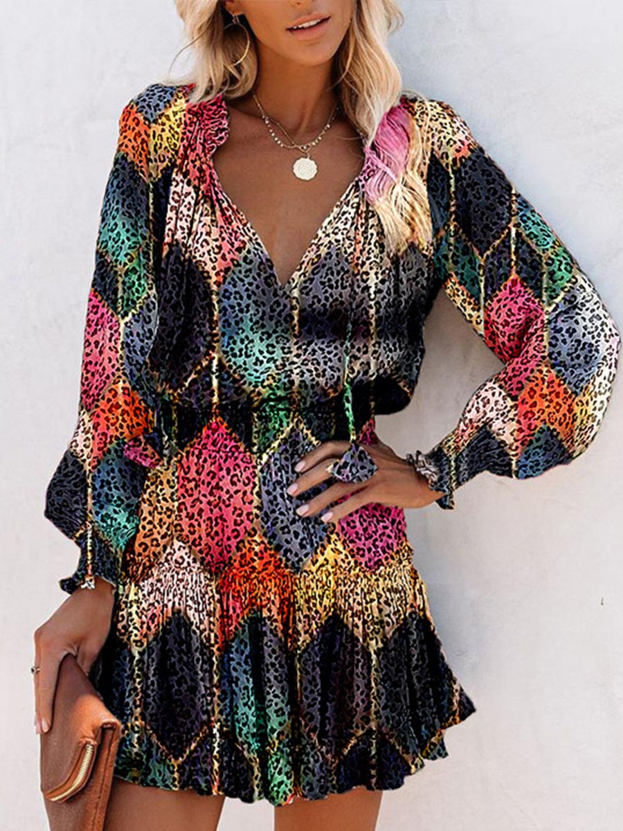 Color Leopard Print Long Sleeve Mini Dress