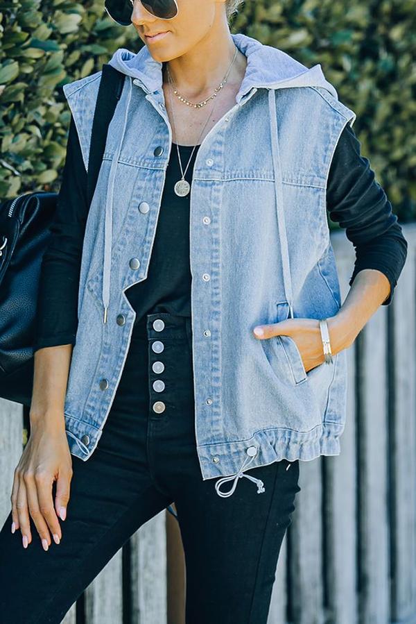 Pocketed Hooded Denim Vest