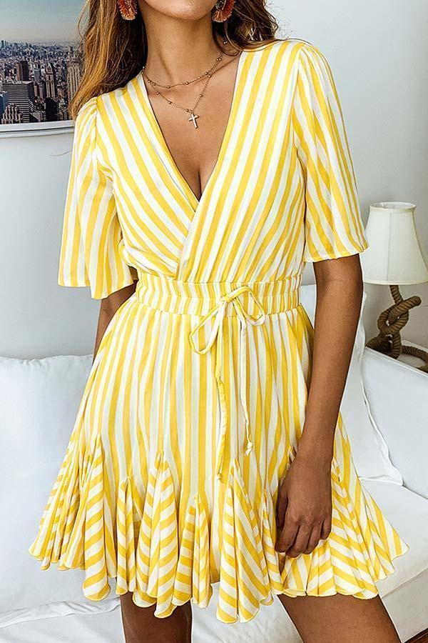 Deep V-Neck Stripe Lace Short Sleeve Dress