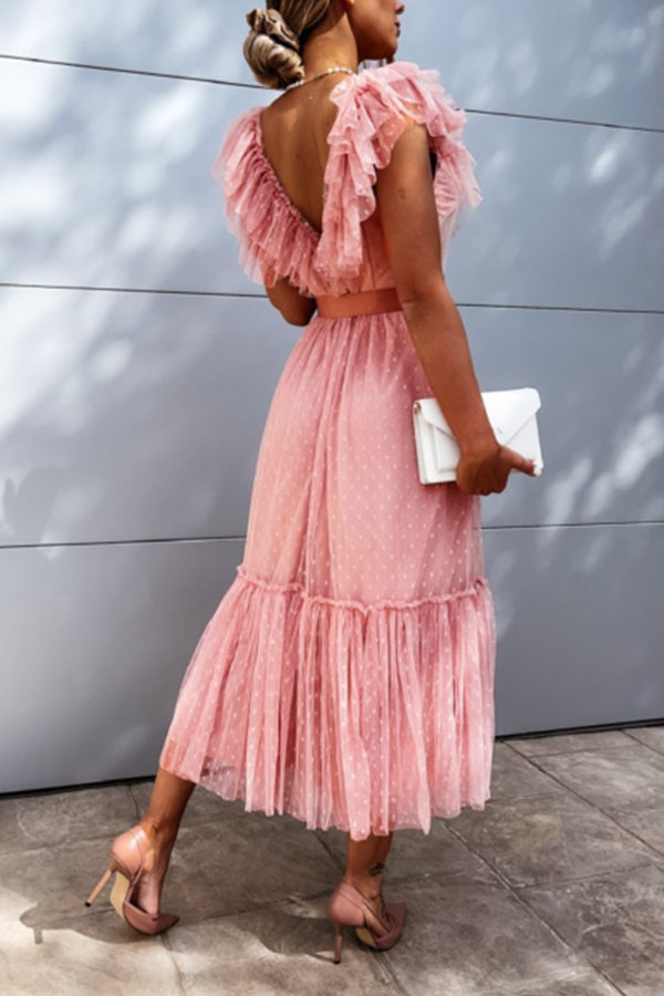 Pink V-neck Mesh Stitching Midi Evening Dress
