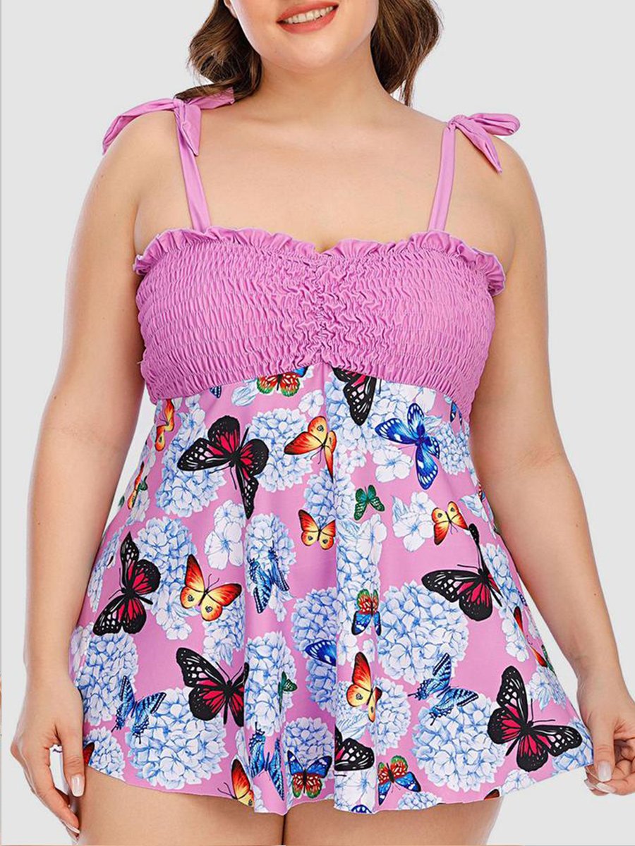 Sweet Frill Trim Butterfly Print Pink Tankini