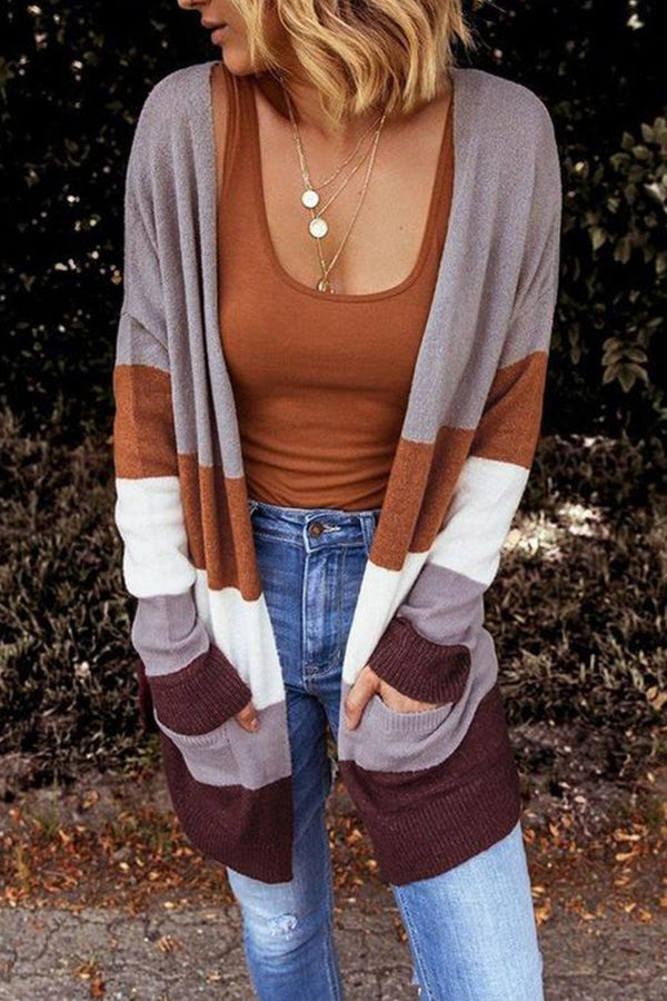 Open Front Colorblock Cardigan with Pockets