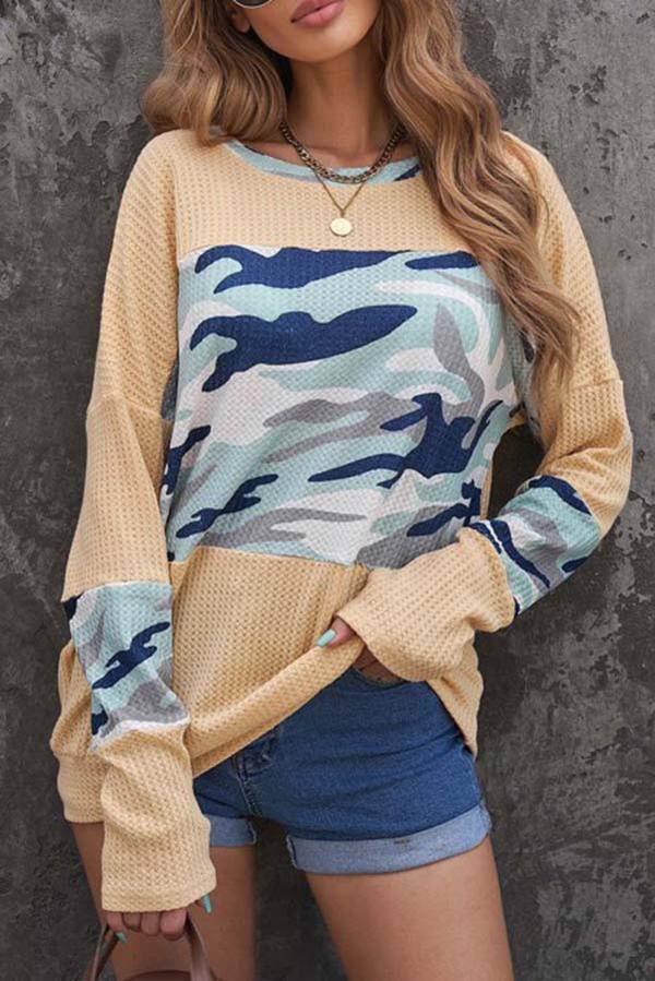 Print Splicing Waffle Knit Top