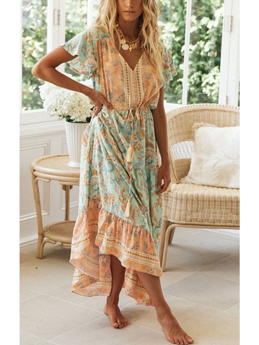 Women's Maxi Dresses Floral Short Sleeve A-line V Neck Button Belt Boho Daily Maxi Dress