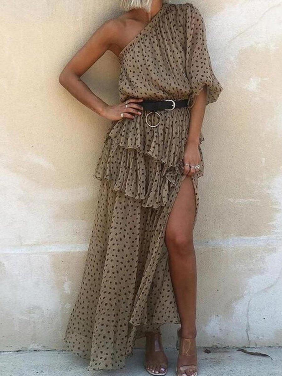 One-shoulder Half-sleeve Dot Print Ruffle Maxi Dress