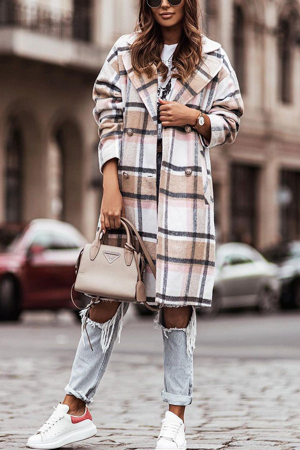 Long-sleeved Single-breasted Plaid Woolen Coat